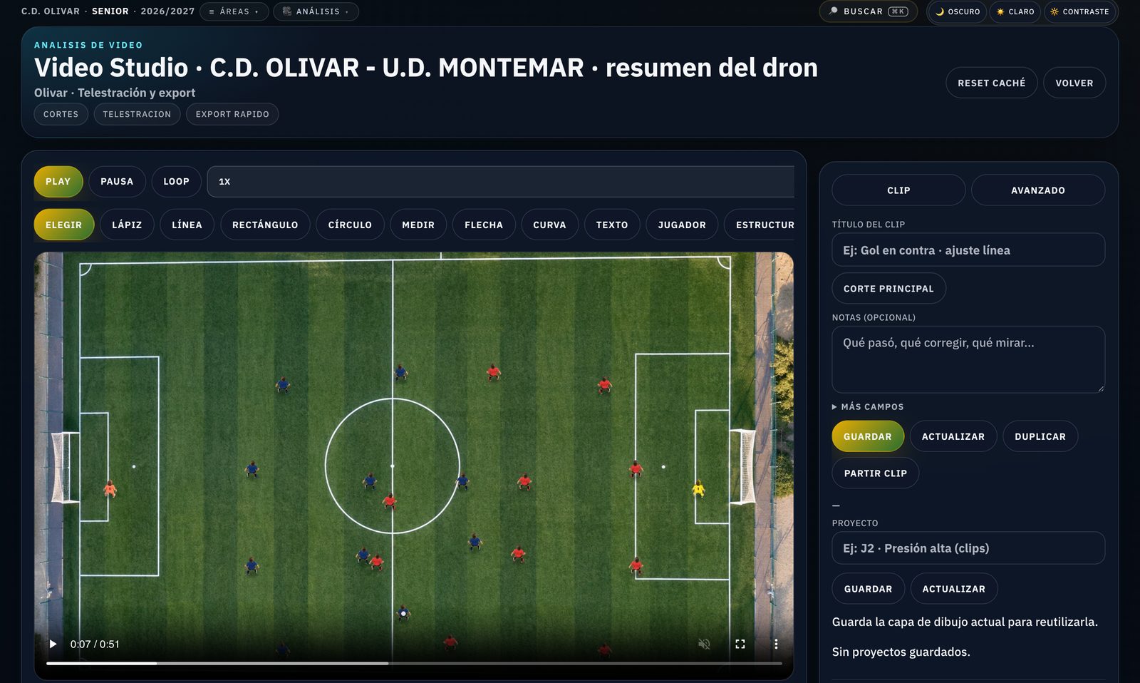 El estudio de vídeo con un partido grabado desde un dron